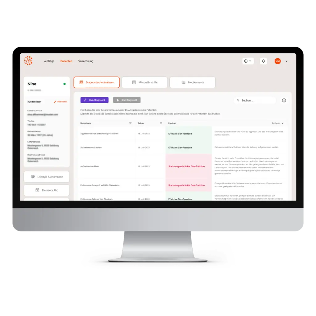 Beispielseite der digitalen Plattform nach Auswertung der Mikronährstoff-Genetik und Präventions-Genetik