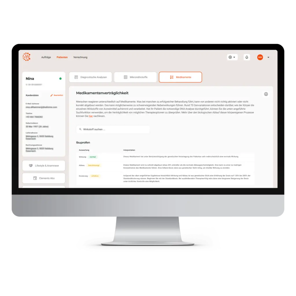 Beispielseite der digitalen Plattform nach Auswertung der Pharmako-Genetik